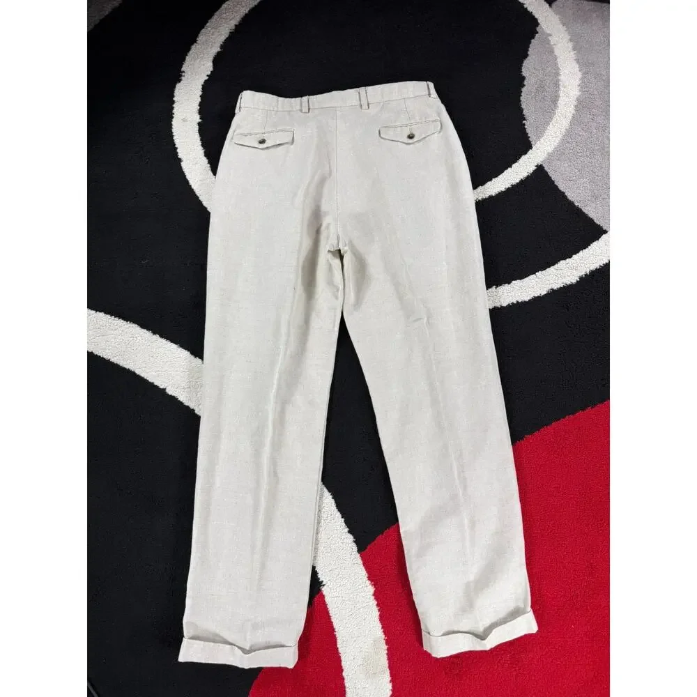 Dockers Pants Mens 36x32 Cream Linen Blend Cotton Pleated Casual Beach Cuffed